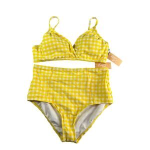 Kona Sol Two Piece Swimsuit Womens Large Yellow Checkered Plaid Bikini NWT